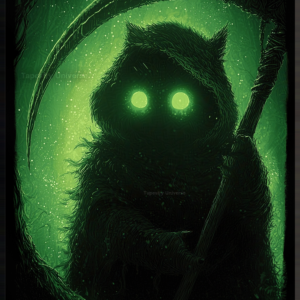 Dark fantasy tapestry depicting a hooded, furry green creature with glowing eyes, holding a scythe, against a mystical green