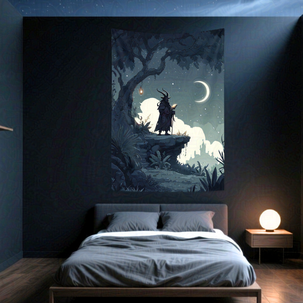 Dark fantasy warlock tapestry with horned figure, crescent moon, and enchanted forest in charcoal, grey, and blue tones.