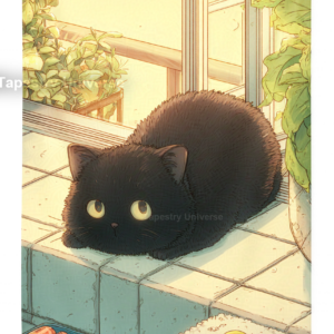 Cute black fluffy cat with big yellow eyes watching sushi in a sunny anime kitchen. Yellow, black, green, and teal.